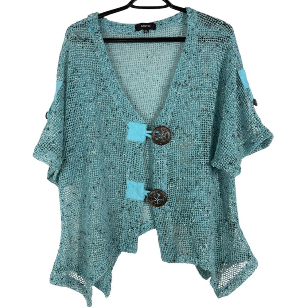 Kaktus Womens Mesh Cardigan Topper Sz XL Lagenlook Asymmetrical Open Knit Boxy